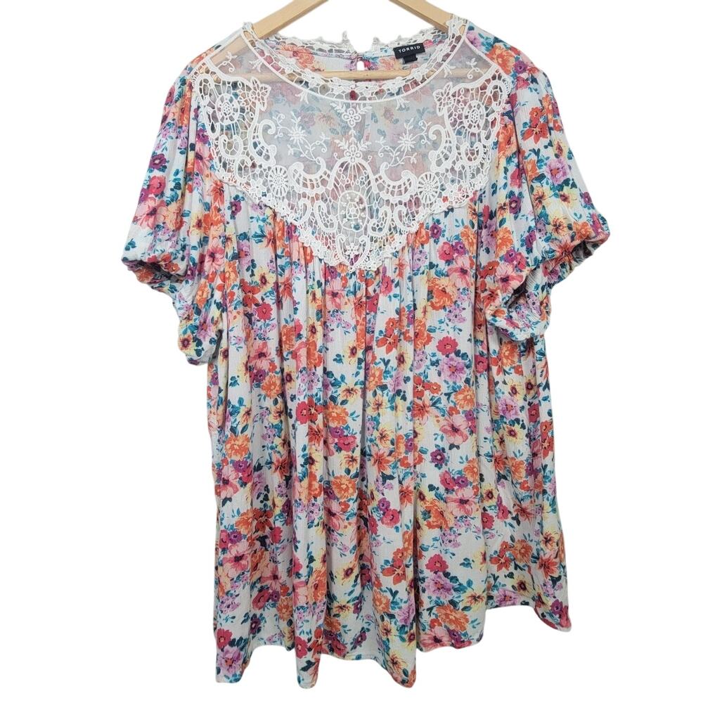 Torrid Womens 3 Lace Floral Boho Blouse Short Sleeve Top